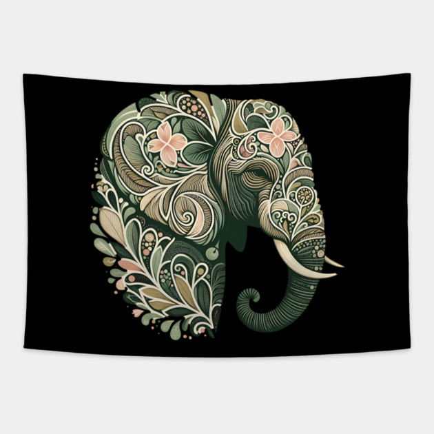 Ornate Botanical Elephant Wildlife Portrait Tapestry by BirdsnStuff
