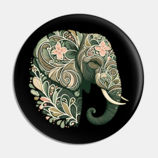 Ornate Botanical Elephant Wildlife Portrait Pin