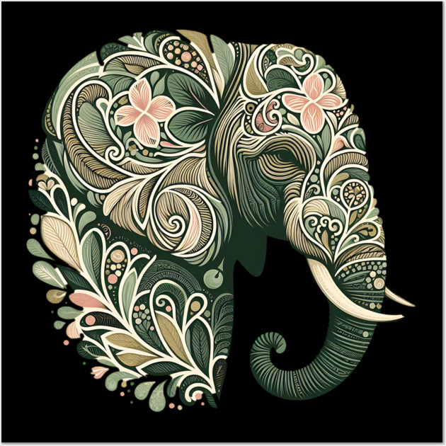 Ornate Botanical Elephant Wildlife Portrait Wall Art by BirdsnStuff