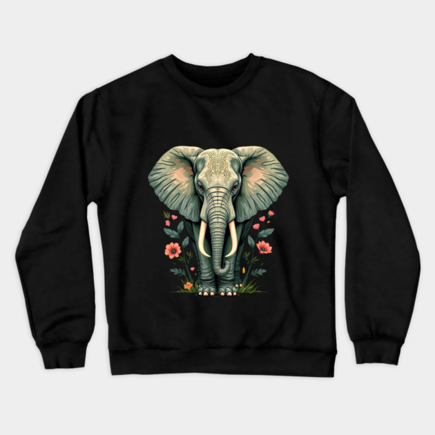 Botanical Elephant Wildlife Portrait Crewneck Sweatshirt by BirdsnStuff