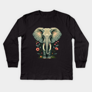 Botanical Elephant Wildlife Portrait Kids Long Sleeve T-Shirt