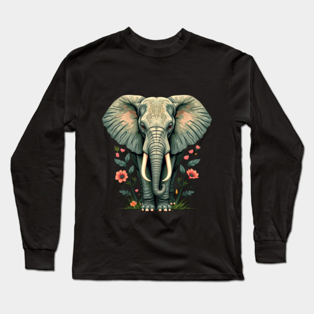 Botanical Elephant Wildlife Portrait Long Sleeve T-Shirt by BirdsnStuff