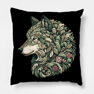 Botanical Wolf Wildlife Portrait Illustration Pillow
