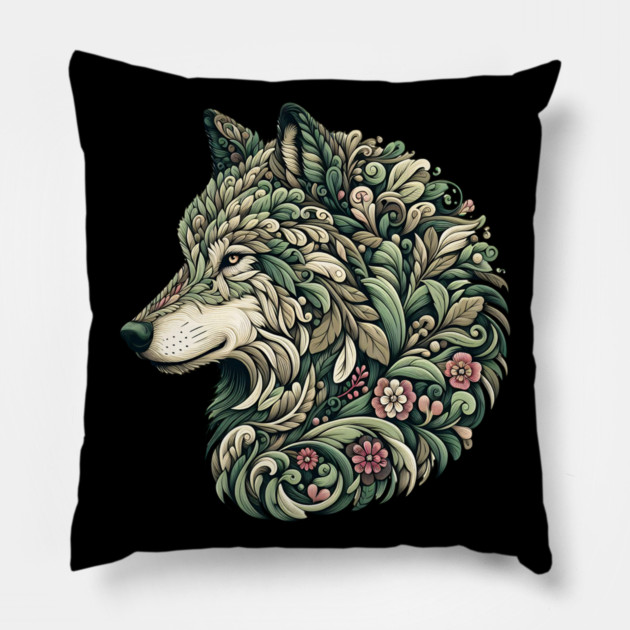 Botanical Wolf Wildlife Portrait Illustration Pillow by BirdsnStuff