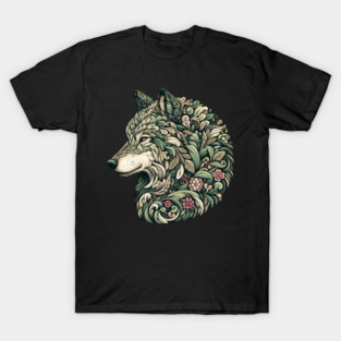 Botanical Wolf Wildlife Portrait Illustration T-Shirt