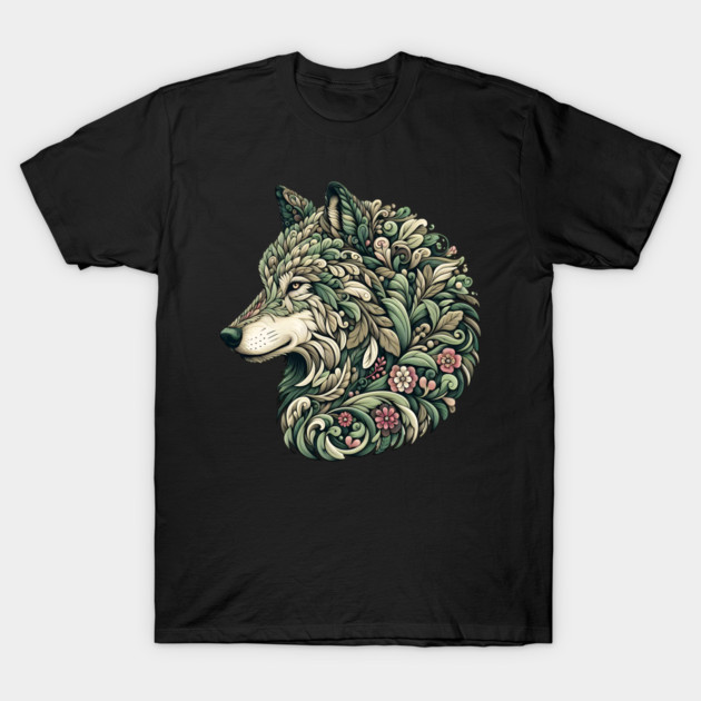 Botanical Wolf Wildlife Portrait Illustration T-Shirt by BirdsnStuff