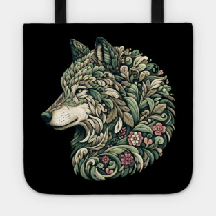 Botanical Wolf Wildlife Portrait Illustration Tote