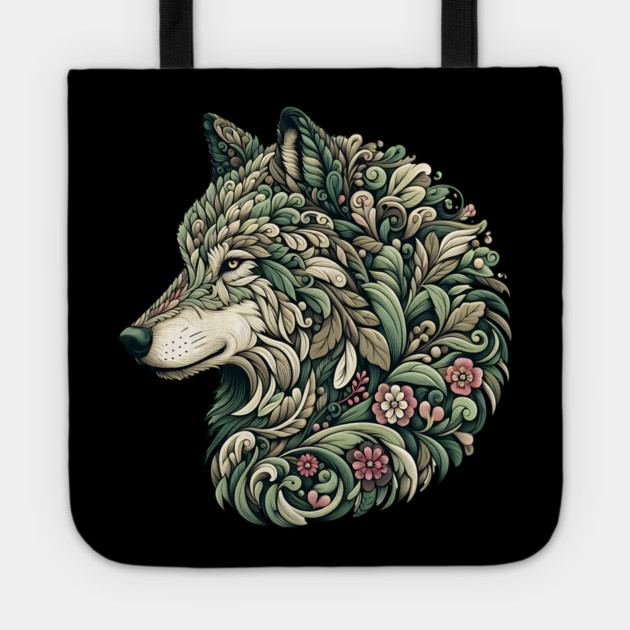 Botanical Wolf Wildlife Portrait Illustration Tote by BirdsnStuff