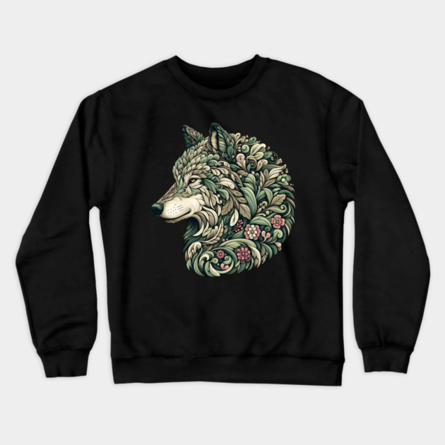 Botanical Wolf Wildlife Portrait Illustration Crewneck Sweatshirt by BirdsnStuff