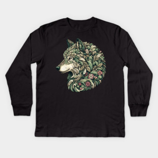 Botanical Wolf Wildlife Portrait Illustration Kids Long Sleeve T-Shirt