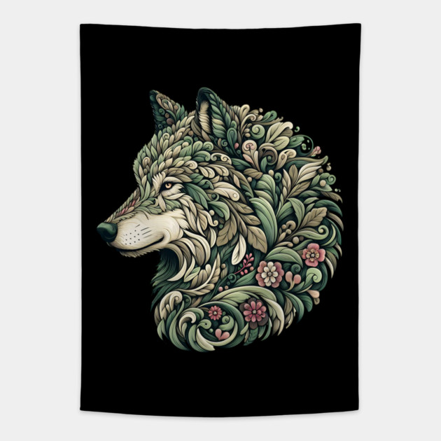 Botanical Wolf Wildlife Portrait Illustration Tapestry by BirdsnStuff