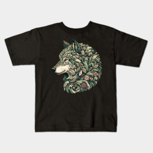 Botanical Wolf Wildlife Portrait Illustration Kids T-Shirt