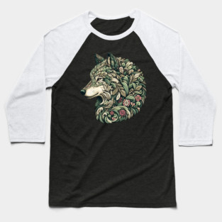 Botanical Wolf Wildlife Portrait Illustration Baseball T-Shirt