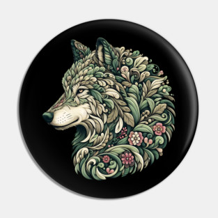 Botanical Wolf Wildlife Portrait Illustration Pin