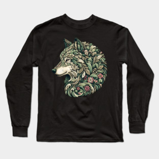 Botanical Wolf Wildlife Portrait Illustration Long Sleeve T-Shirt