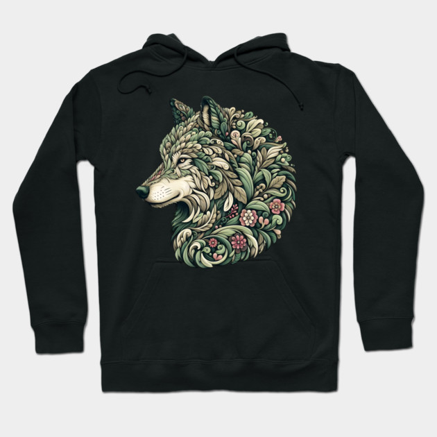 Botanical Wolf Wildlife Portrait Illustration Hoodie by BirdsnStuff