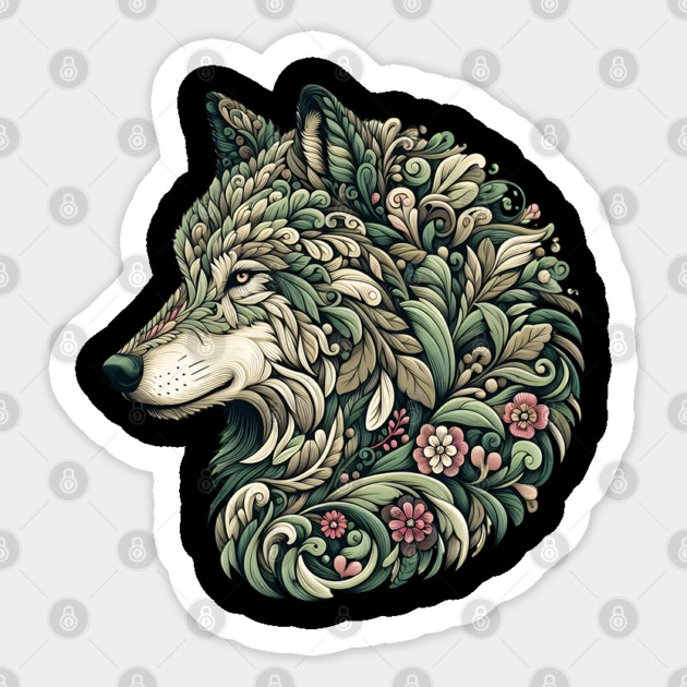 Botanical Wolf Wildlife Portrait Illustration Sticker by BirdsnStuff