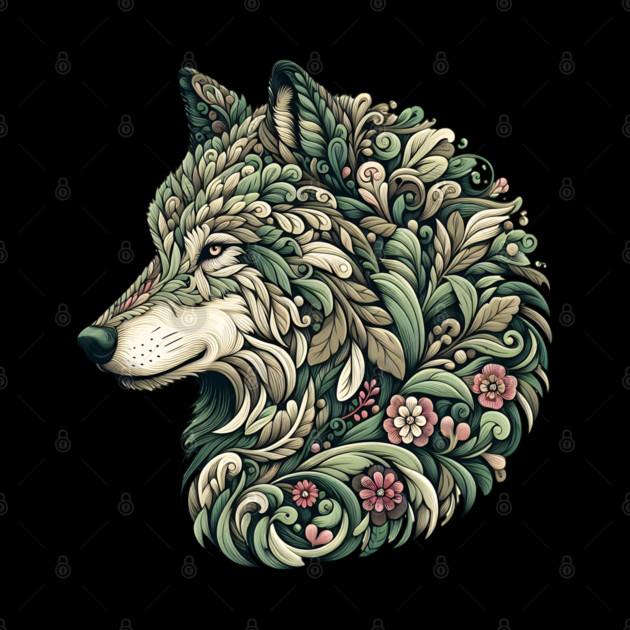 Botanical Wolf Wildlife Portrait Illustration by BirdsnStuff