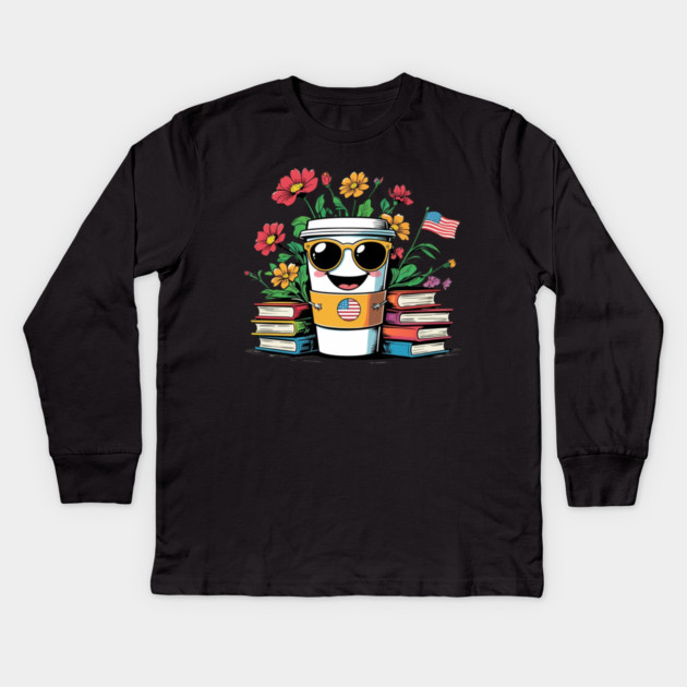 books and coffee flower Kids Long Sleeve T-Shirt by SR8891