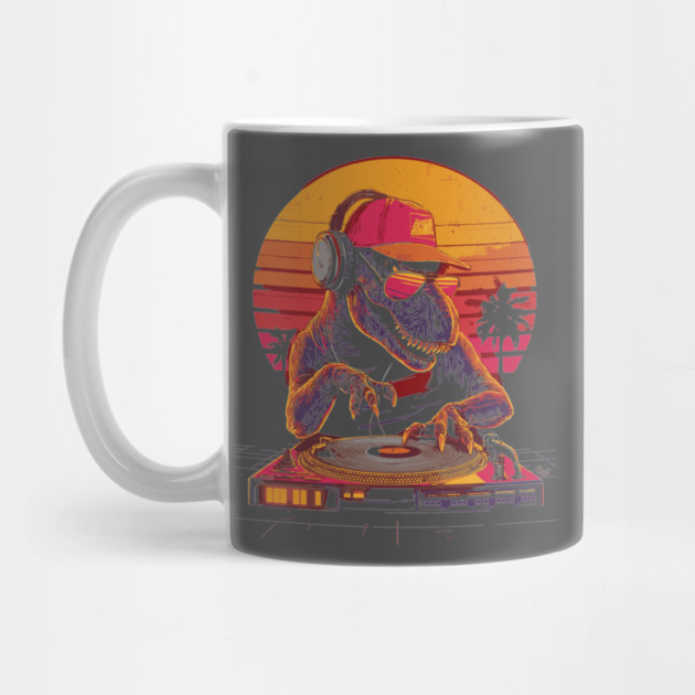 Funny T-Rex Dinosaur DJ Retrowave T-Shirt by TuncGK