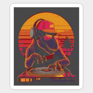 Funny T-Rex Dinosaur DJ Retrowave T-Shirt Sticker