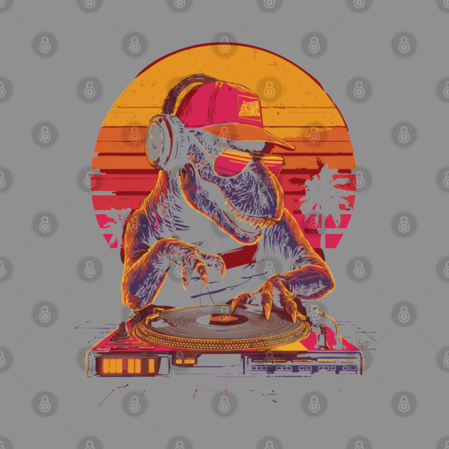 Funny T-Rex Dinosaur DJ Retrowave T-Shirt by TuncGK