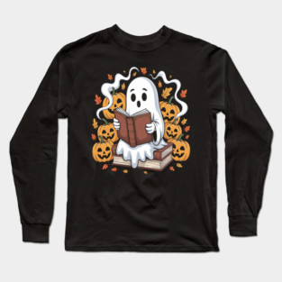 Ghost Book Reading Boo Spooky Halloween Long Sleeve T-Shirt
