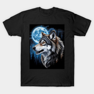 Majestic Lone Wolf Howling at Blue Moon - Perfect Gift idea for Wolves Lovers, Fans, Wolf Profile, Art, Home Decor, Colorful, Gift Idea, Shirt, Tee, Funny, Cute, Nostalgia, Grey Wolf, 80s, for Women, Men, Kids, T-Shirt