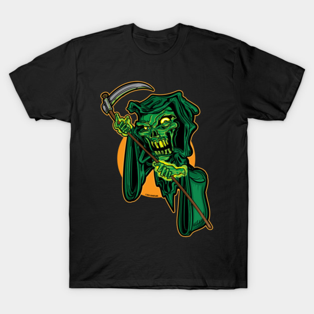 Grim Glowing Reaper – Street Art Cartoon Death Strikes in Green T-Shirt by eShirtLabs