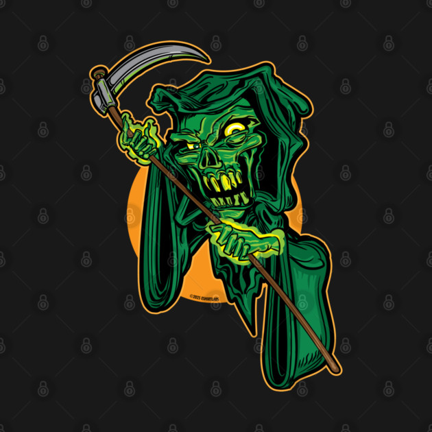 Grim Glowing Reaper – Street Art Cartoon Death Strikes in Green by eShirtLabs
