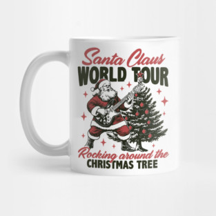 Santa Claus World Tour Rocking Around the Christmas Tree with Guitar Holiday Design Mug