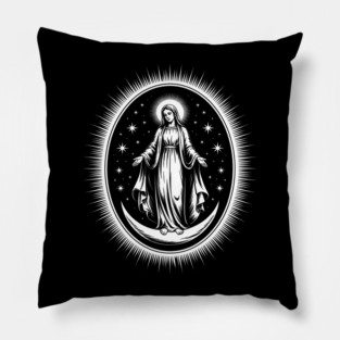 Assumption of Mary – Mystical Celestial Illustration in Black and White Pillow