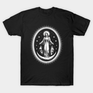 Assumption of Mary – Mystical Celestial Illustration in Black and White T-Shirt