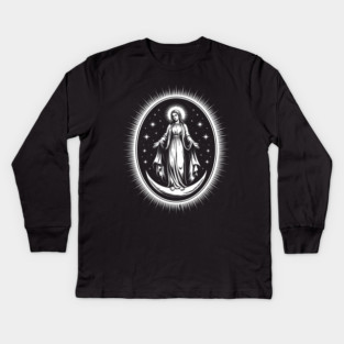 Assumption of Mary – Mystical Celestial Illustration in Black and White Kids Long Sleeve T-Shirt