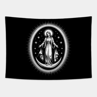 Assumption of Mary – Mystical Celestial Illustration in Black and White Tapestry
