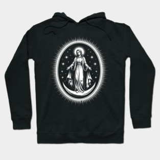 Assumption of Mary – Mystical Celestial Illustration in Black and White Hoodie