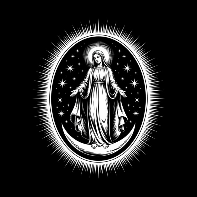 Assumption of Mary – Mystical Celestial Illustration in Black and White by sumberkah