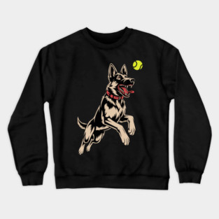 White German Shepherd Dog GSD Catching Yellow Tennis Ball Crewneck Sweatshirt