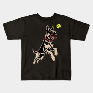 White German Shepherd Dog GSD Catching Yellow Tennis Ball Kids T-Shirt