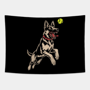 White German Shepherd Dog GSD Catching Yellow Tennis Ball Tapestry