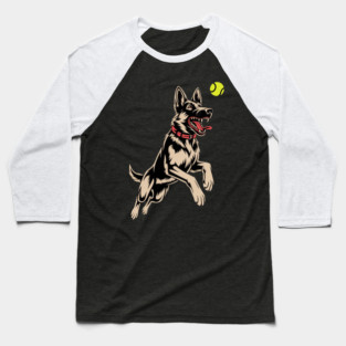 White German Shepherd Dog GSD Catching Yellow Tennis Ball Baseball T-Shirt