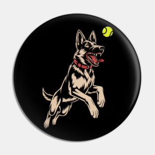 White German Shepherd Dog GSD Catching Yellow Tennis Ball Pin