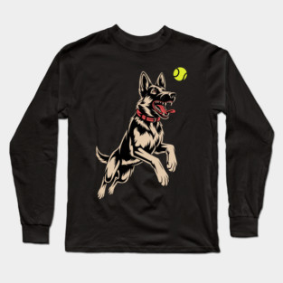 White German Shepherd Dog GSD Catching Yellow Tennis Ball Long Sleeve T-Shirt