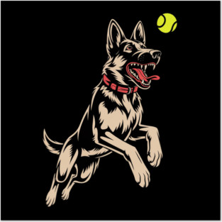 White German Shepherd Dog GSD Catching Yellow Tennis Ball Posters and Art