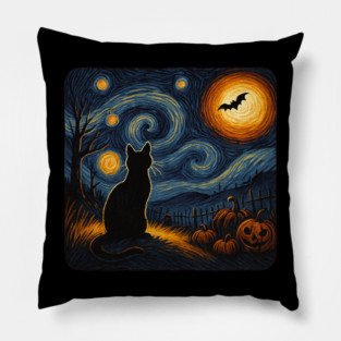 Black Cat Starry Halloween Night with Pumpkins and Bat Pillow