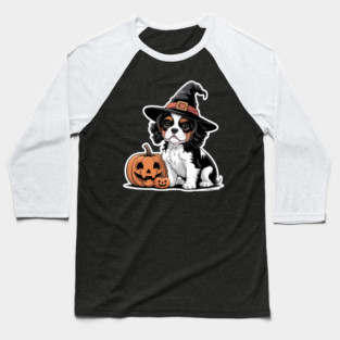 Halloween Witch Hat Pumpkin Dog Cavalier King Charles Baseball T-Shirt