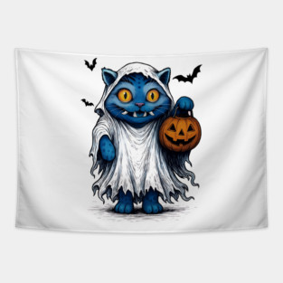 Derpy Tiger Halloween Ghost With Pumpkin Tapestry