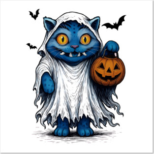 Derpy Tiger Halloween Ghost With Pumpkin Posters and Art