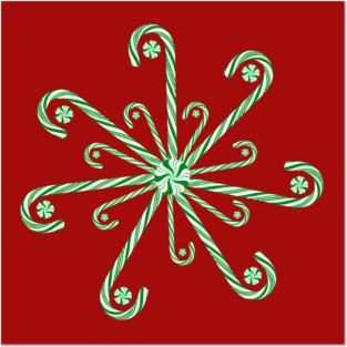 Green and White Christmas Candy Cane Snowflake Posters and Art