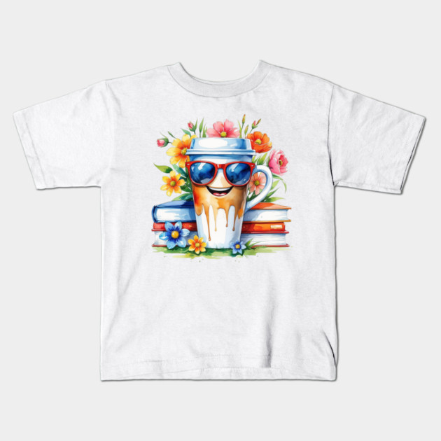 Coffee Books Flower Cup Funny Vibes Kids T-Shirt by SR8891
